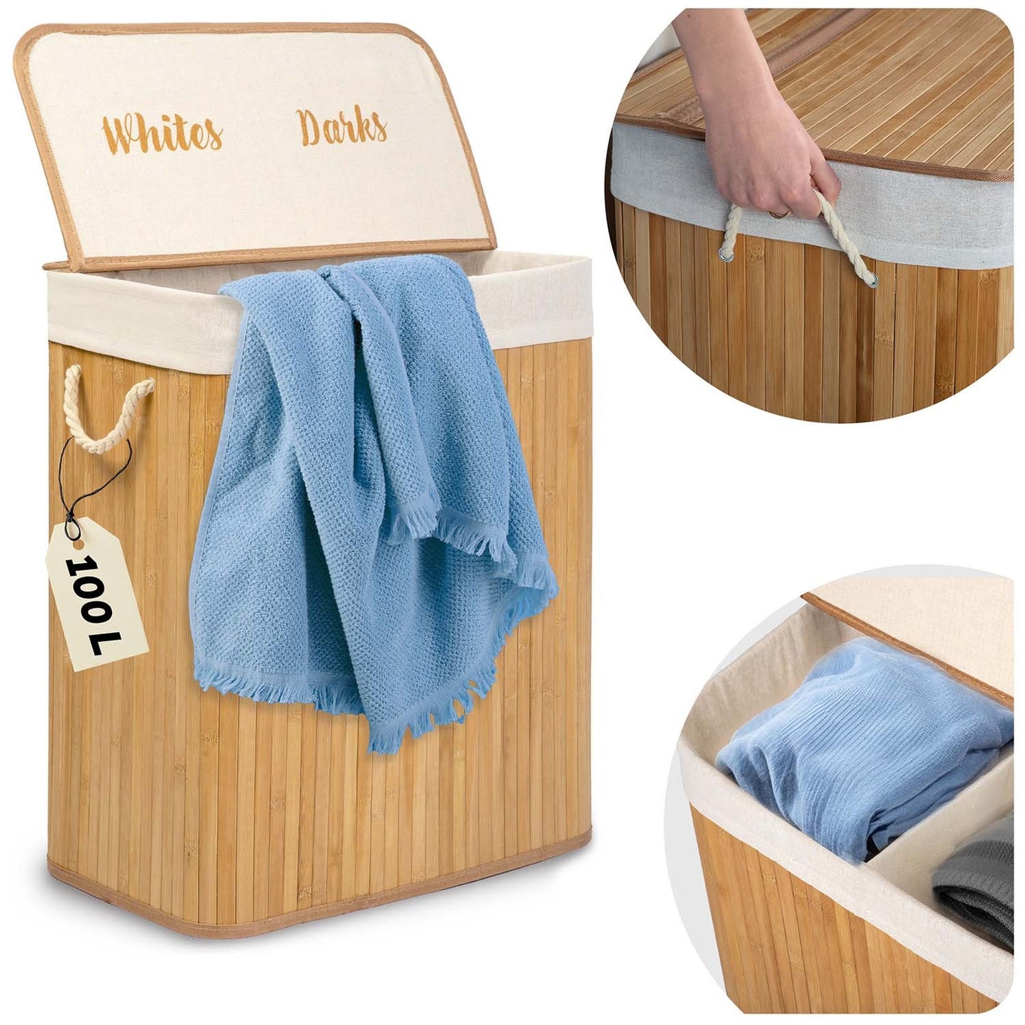 Bamboo laundry basket with lid 100 l Massido
