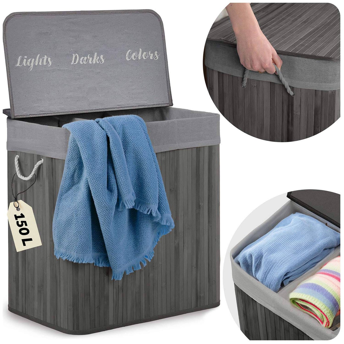 Bamboo laundry basket with lid 150 l Massido