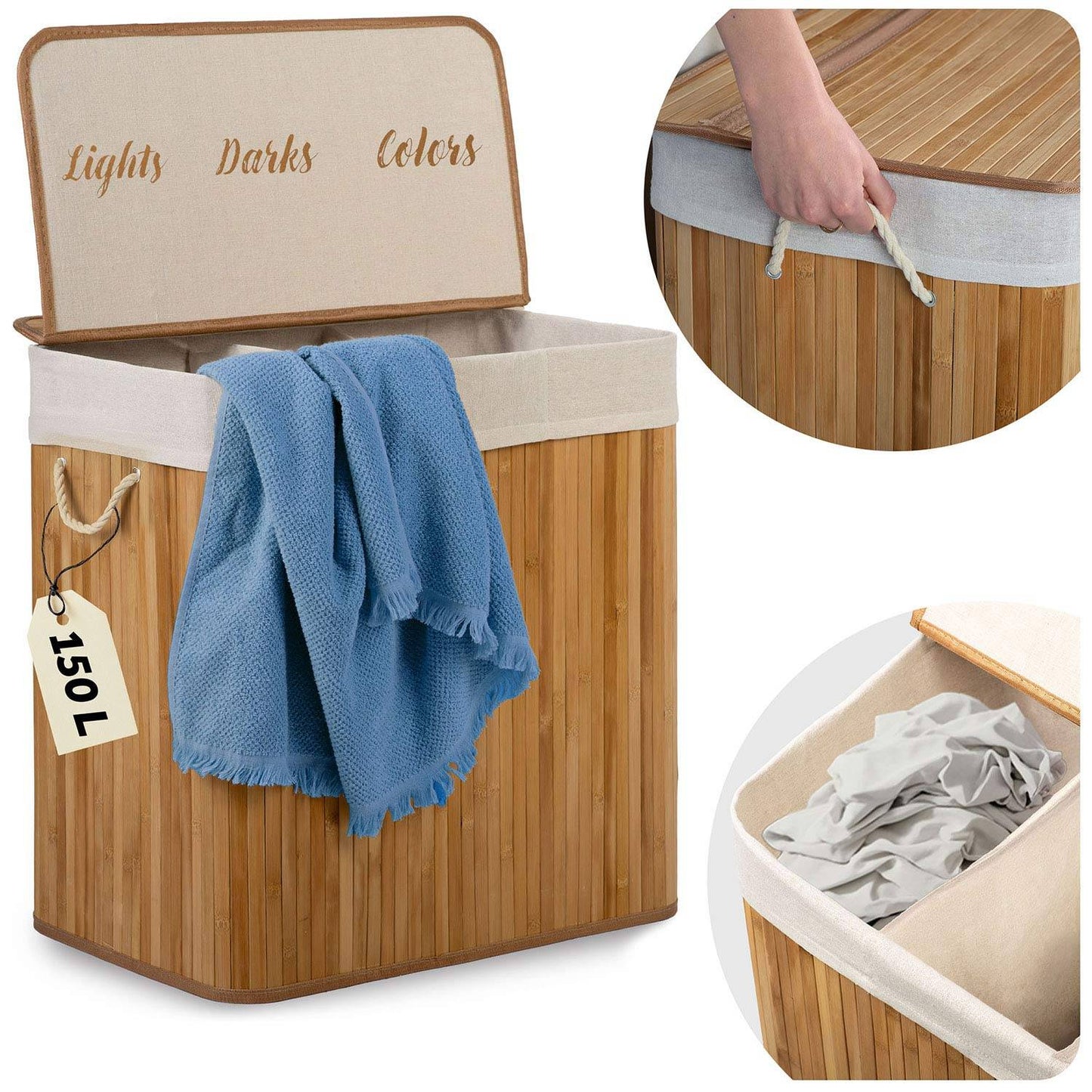 Bamboo laundry basket with lid 150 l Massido