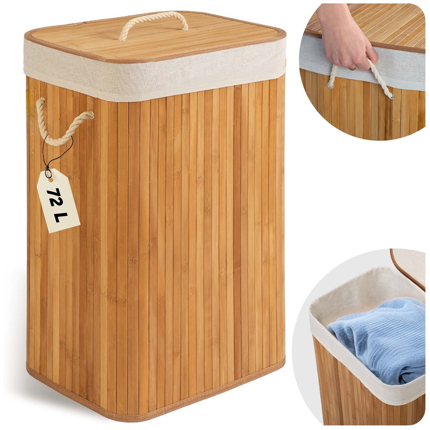 Bamboo laundry basket with lid 72 l Massido