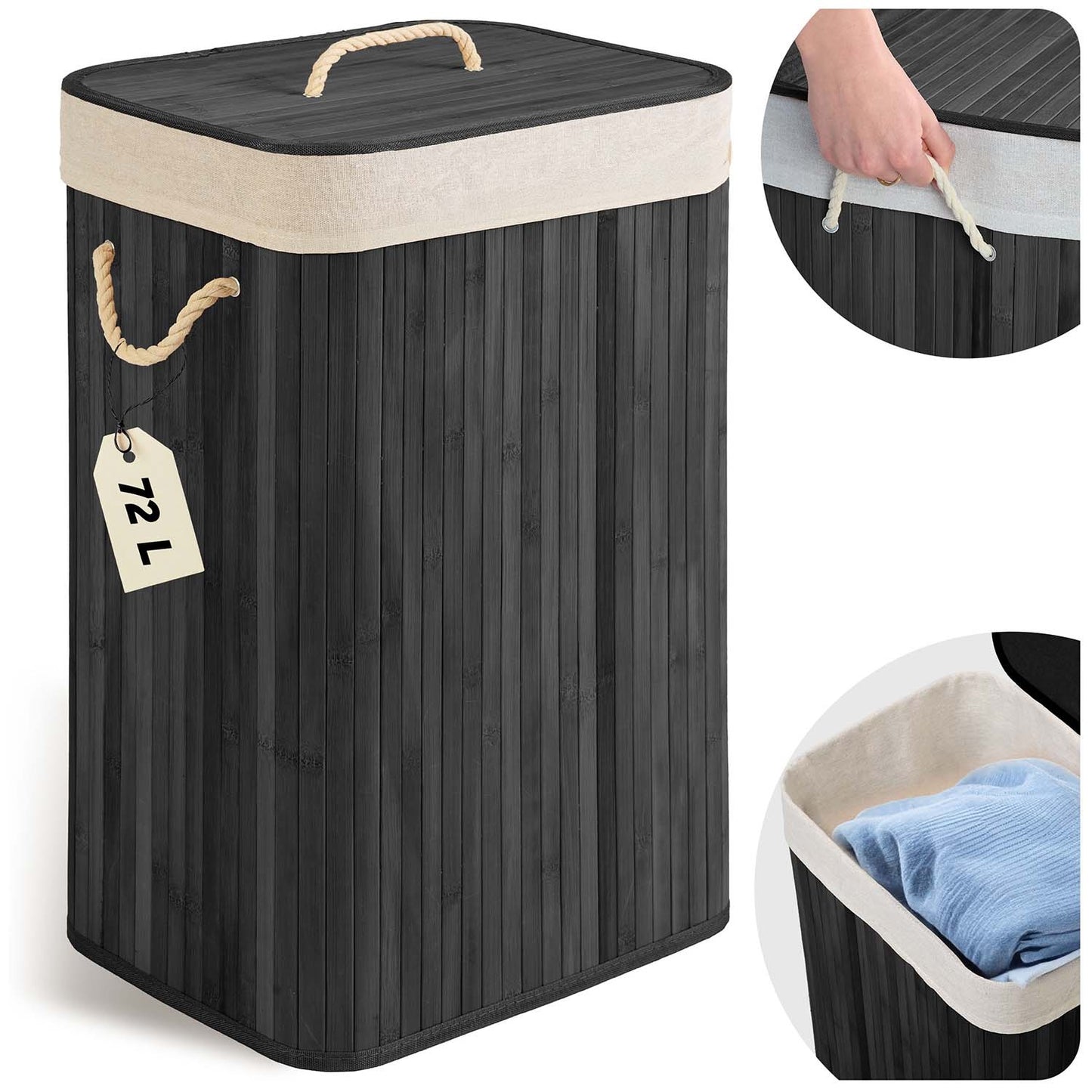 Bamboo laundry basket with lid 72 l Massido