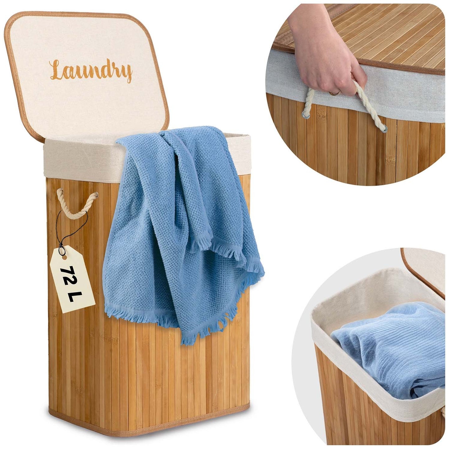 Bamboo laundry basket with lid 72 l Massido