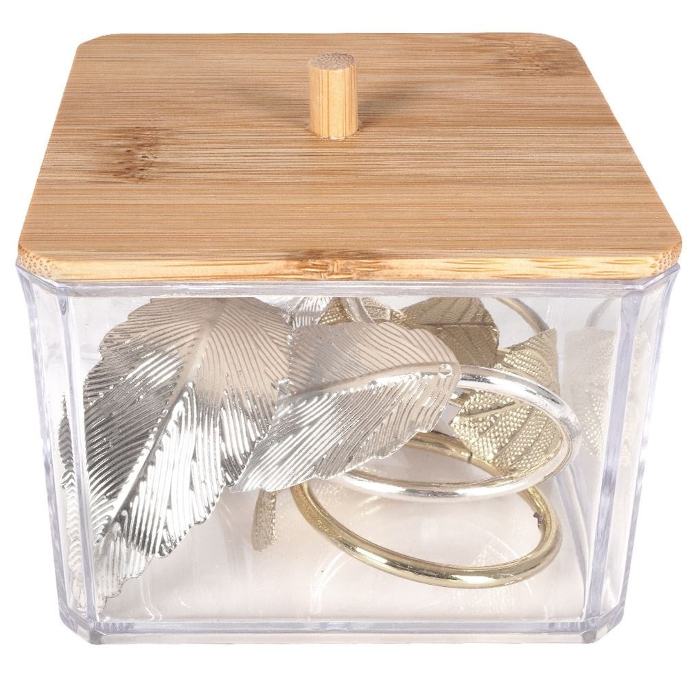Bamboo wrapped cotton swab container with a stylish design