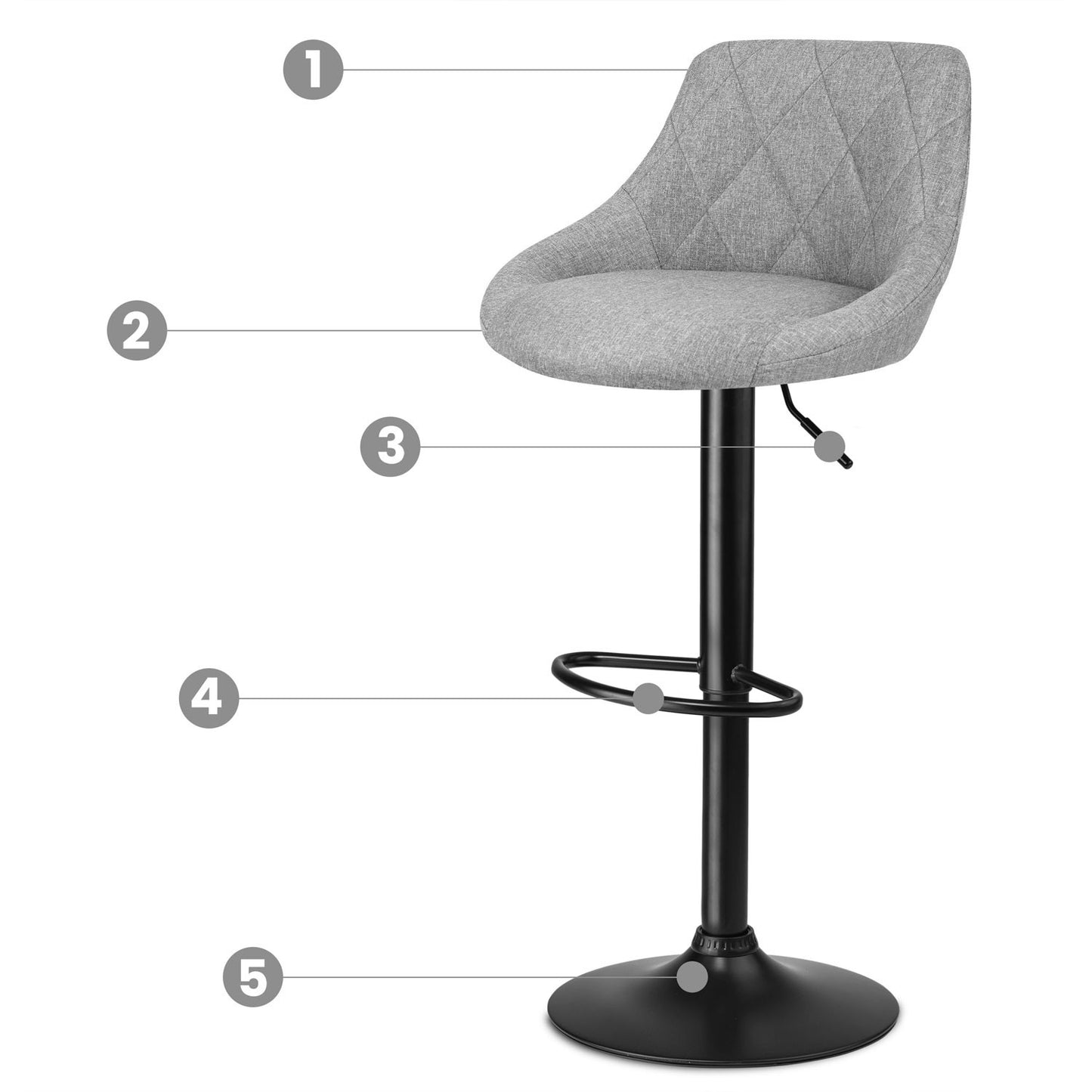 Bar stool with backrest Nerra fabric gray - 2 pcs