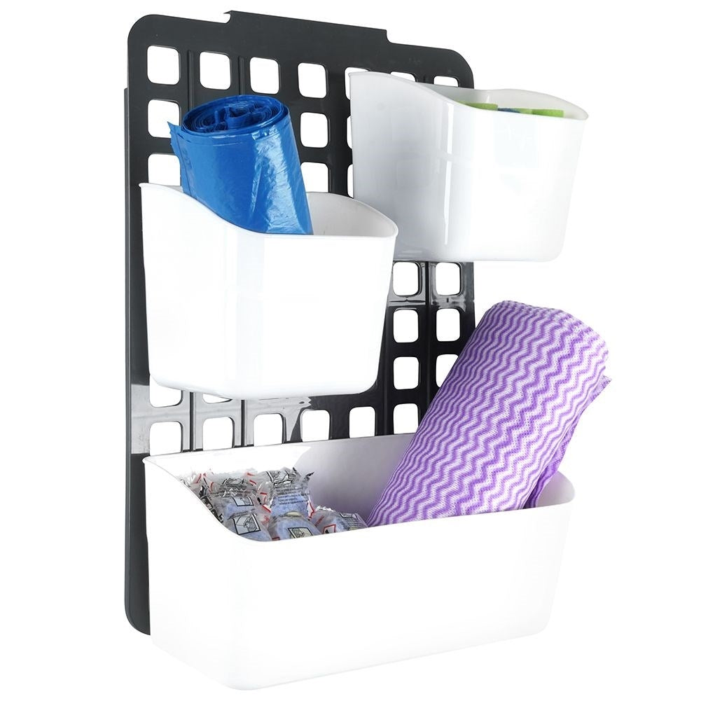 Basket for cabinet doors or shower cubicles with three compartments
