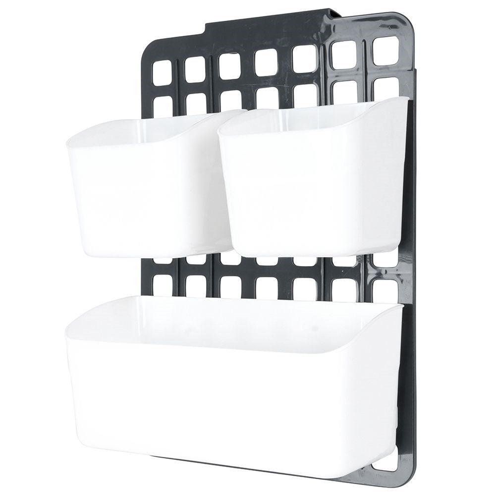 Basket for cabinet doors or shower cubicles with three compartments