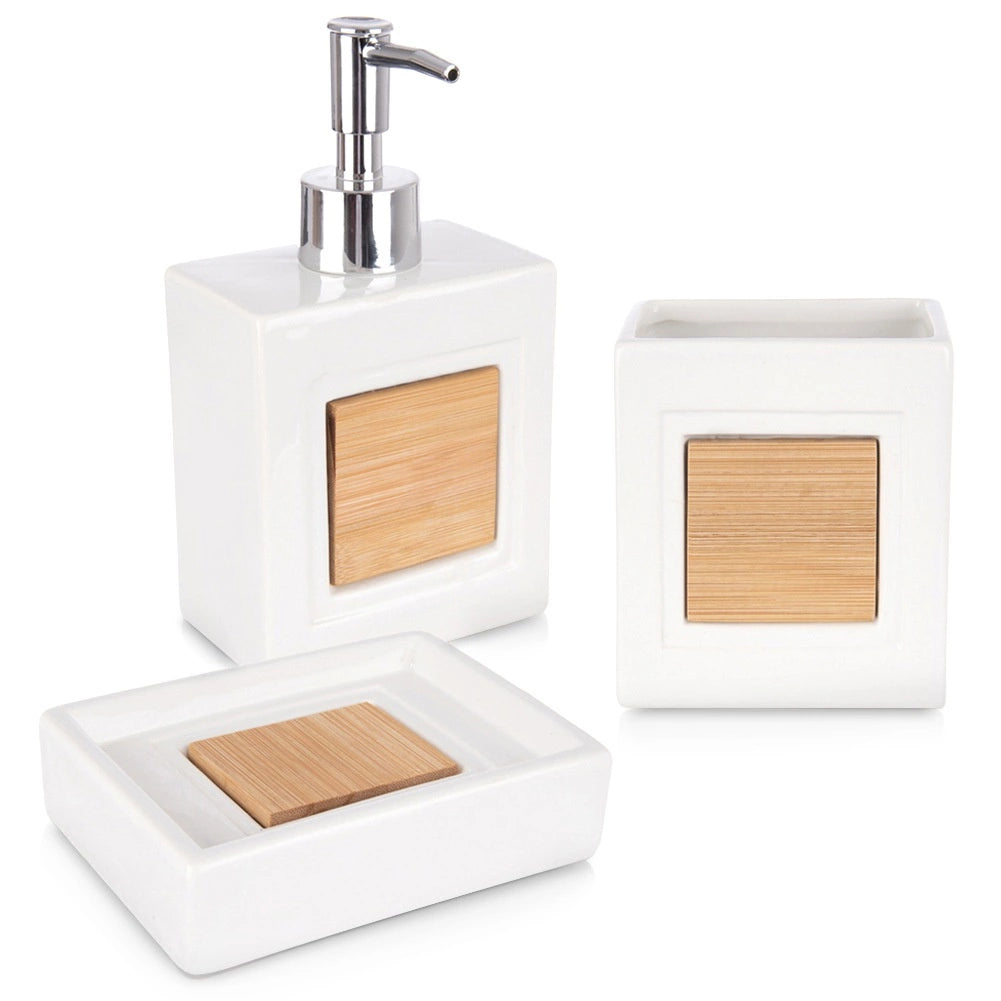 Bathroom Accessory Set, Dolomite & Bamboo, 3-Piece