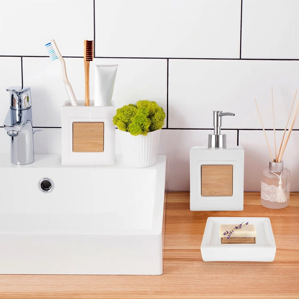 Bathroom Accessory Set, Dolomite & Bamboo, 3-Piece