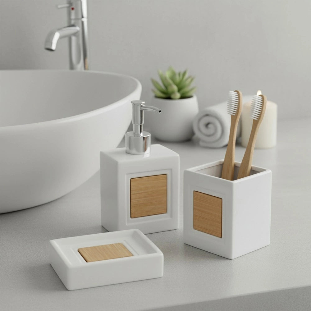 Bathroom Accessory Set, Dolomite & Bamboo, 3-Piece