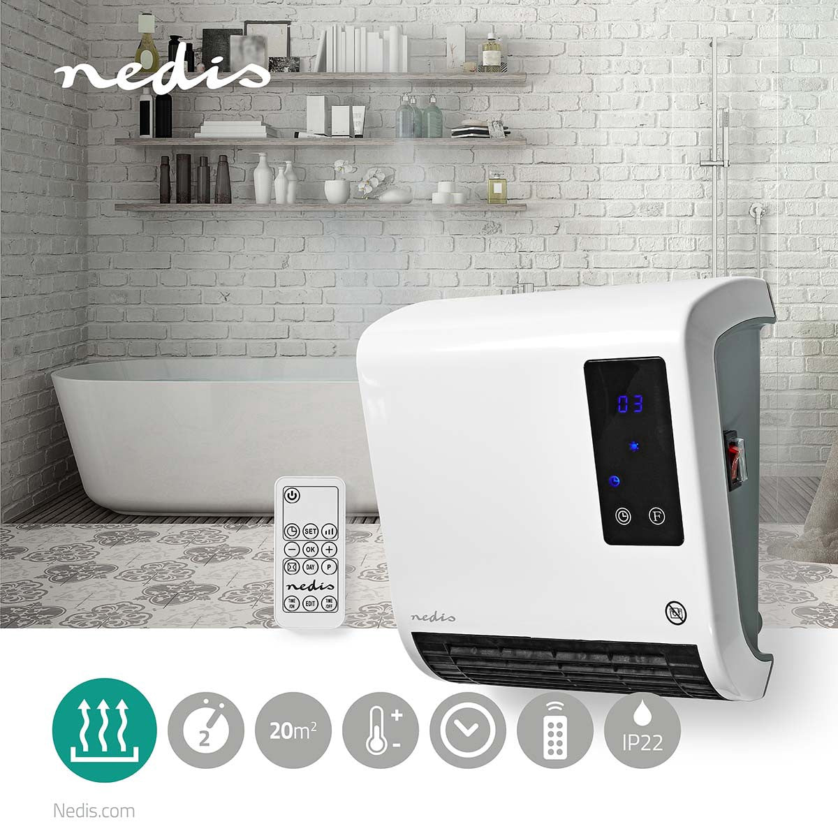 Bathroom Heater, 2000W, Adjustable Thermostat, Remote Control