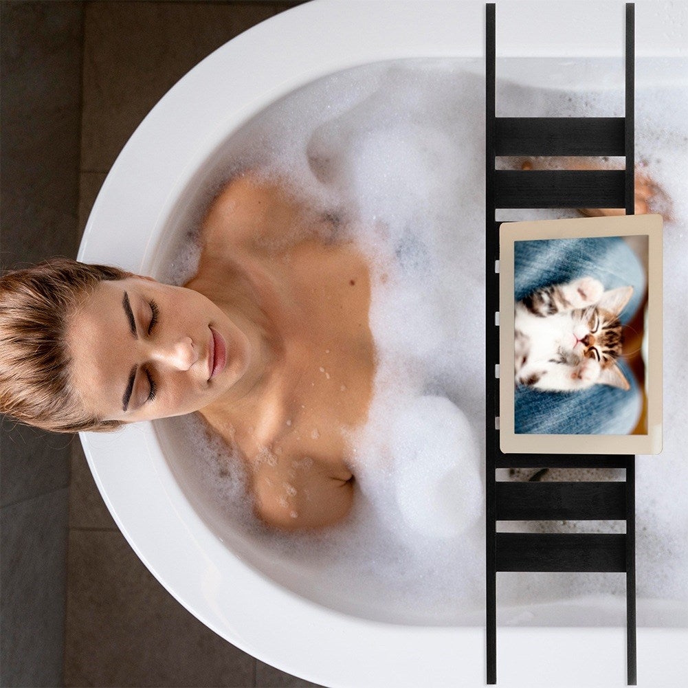 Bathroom shelf for bathtub, bamboo, black, 68 cm