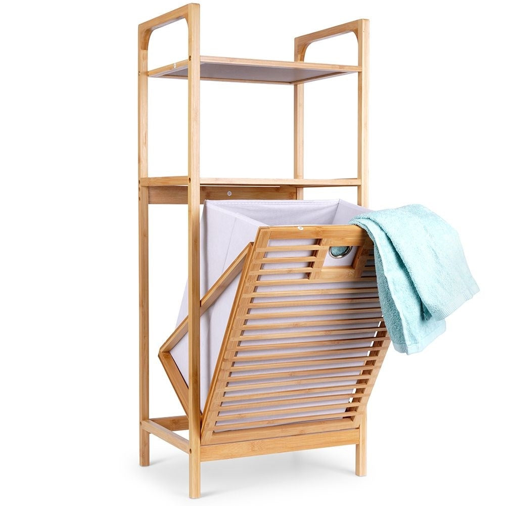 Bathroom shelf with laundry basket made of sustainable bamboo and fabric
