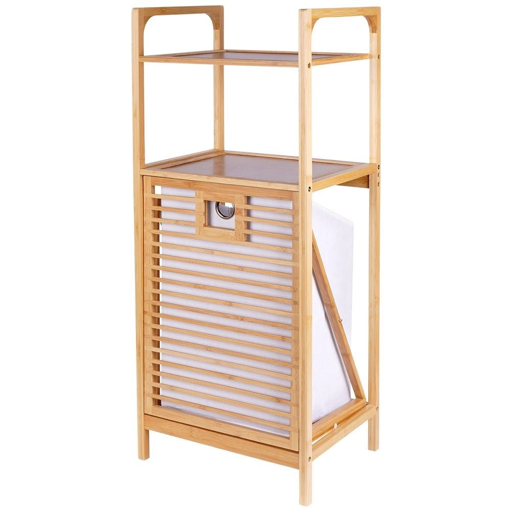 Bathroom shelf with laundry basket made of sustainable bamboo and fabric