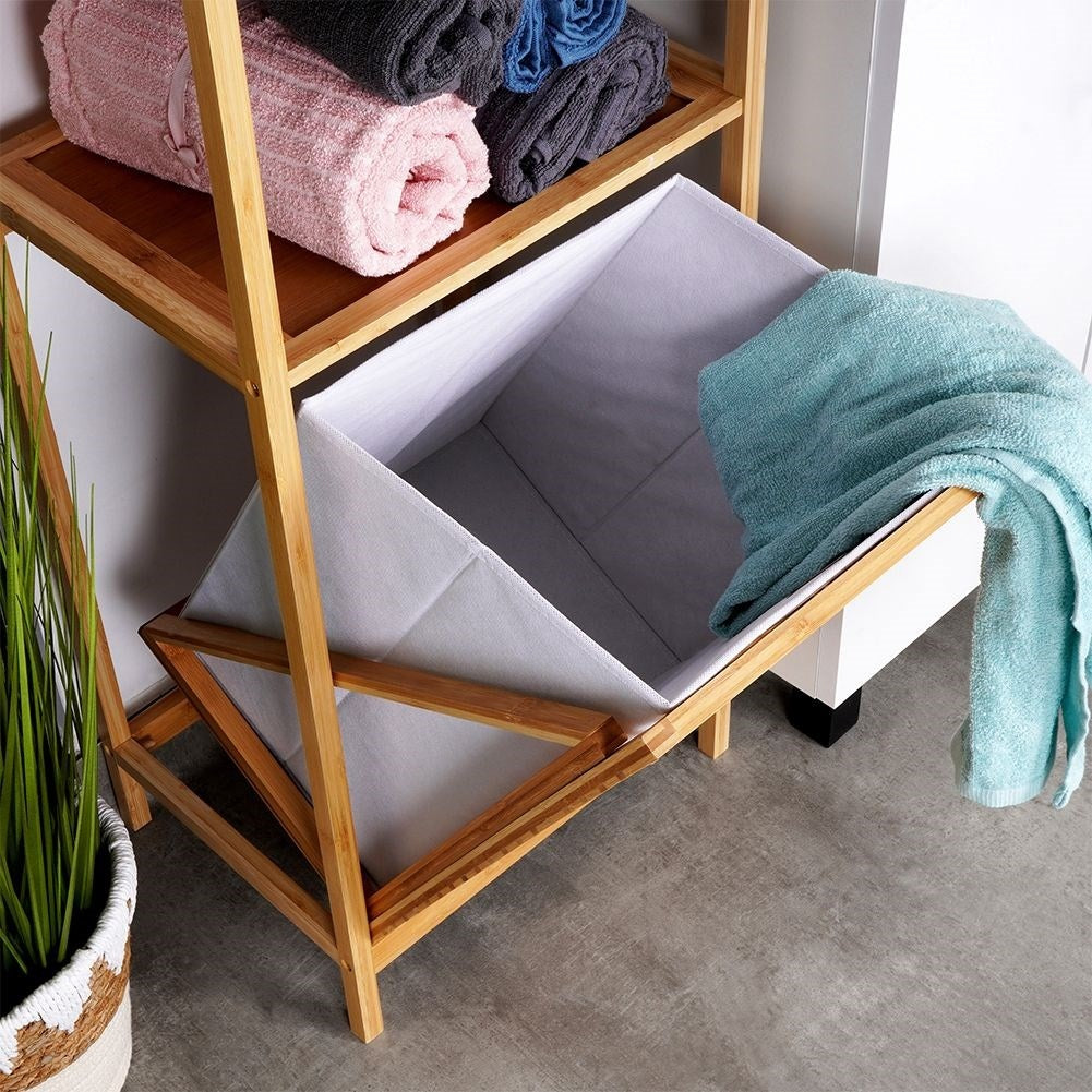 Bathroom shelf with laundry basket made of sustainable bamboo and fabric