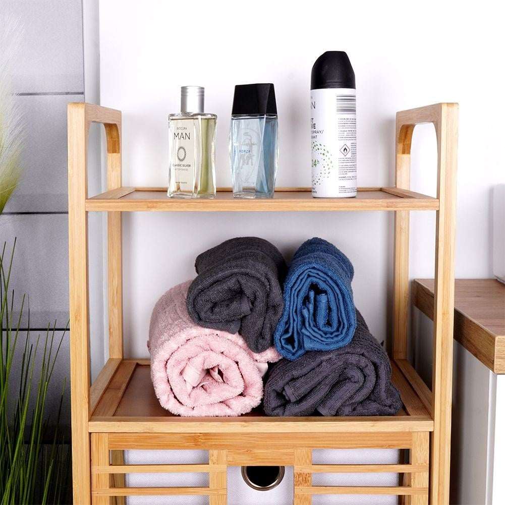 Bathroom shelf with laundry basket made of sustainable bamboo and fabric