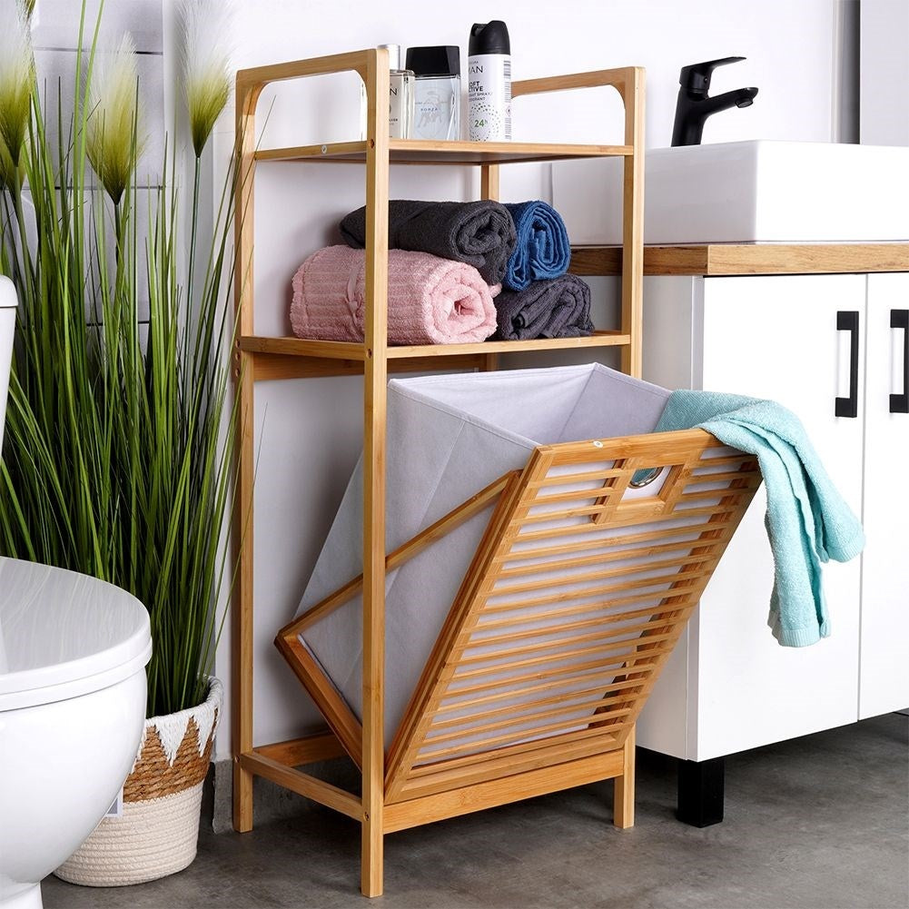Bathroom shelf with laundry basket made of sustainable bamboo and fabric
