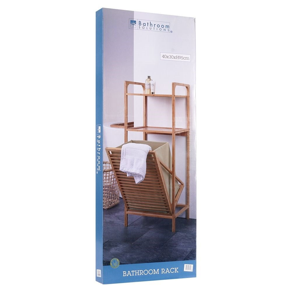 Bathroom shelf with laundry basket made of sustainable bamboo and fabric