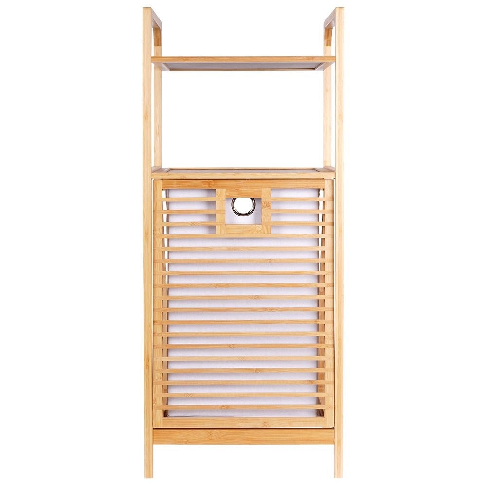 Bathroom shelf with laundry basket made of sustainable bamboo and fabric