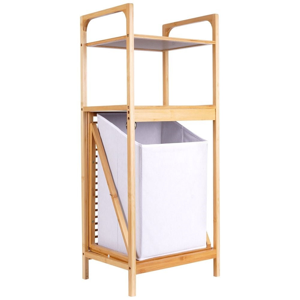 Bathroom shelf with laundry basket made of sustainable bamboo and fabric
