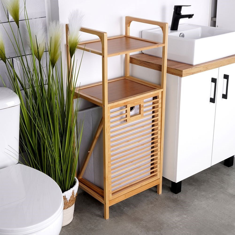 Bathroom shelf with laundry basket made of sustainable bamboo and fabric