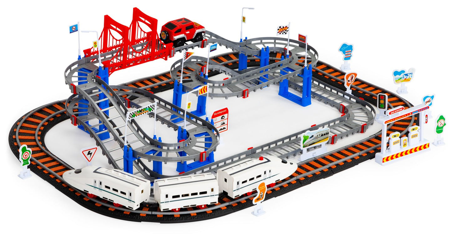 Battery Operated Train & Car Track Set, 108 Pieces