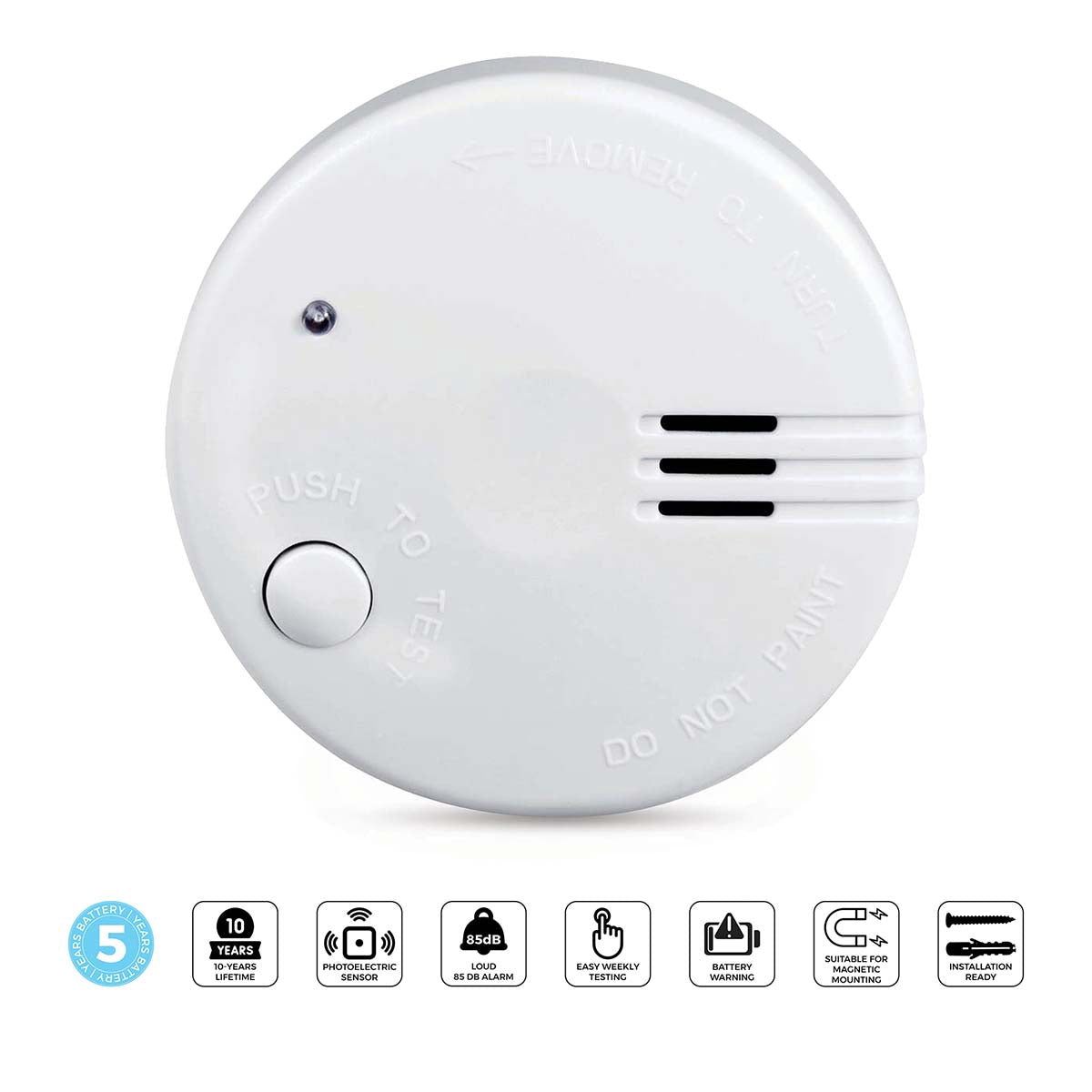 Battery-Powered Smoke Alarm, 5-Year Life, 85 dB, White