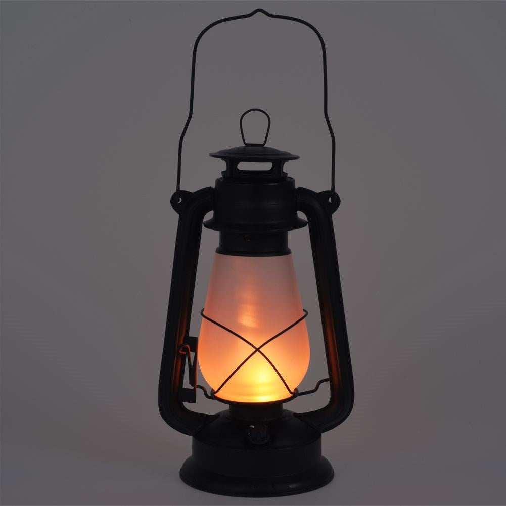 Battery-powered lantern with moving flame for home and garden