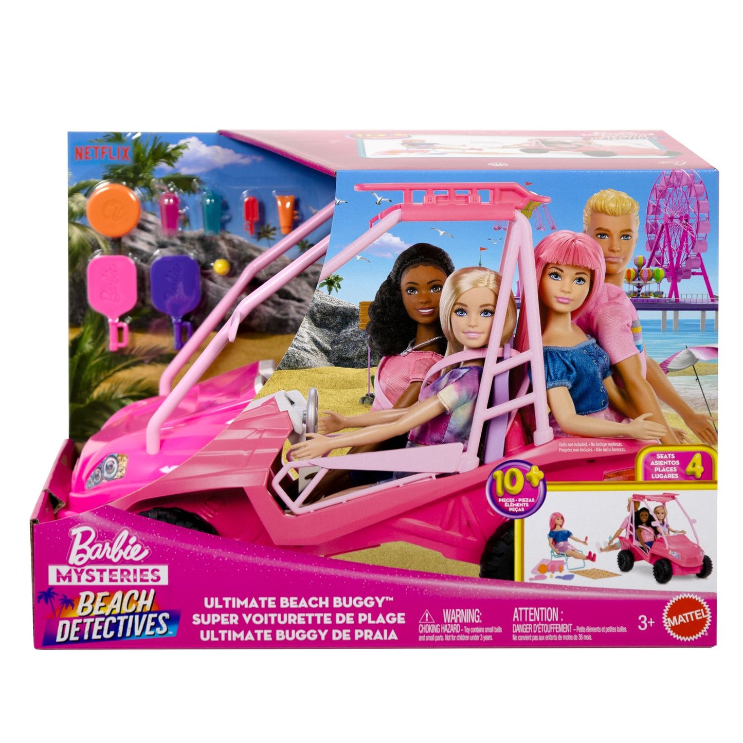 Barbie Beach Buggy with Accessories, Fits 4 Dolls