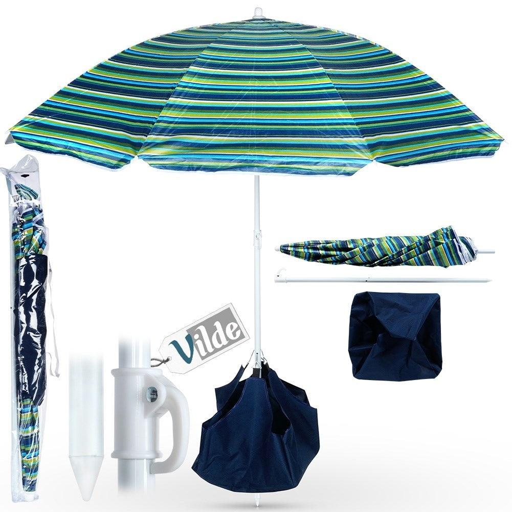 Beach umbrella with adjustable tilt and sun protection