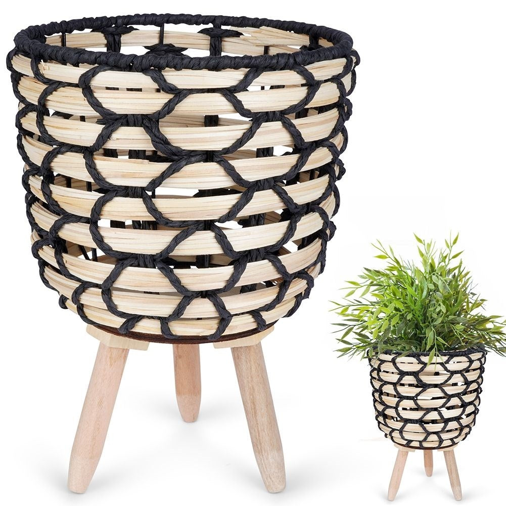 Beautiful flower pot in braided wooden design with sturdy wooden legs