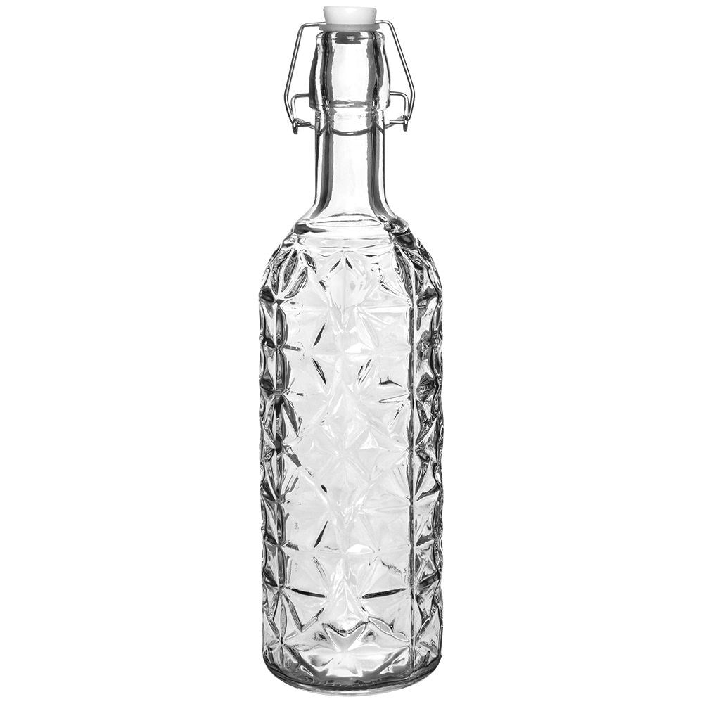 Beautiful glass bottle with cork and clamp for drinks