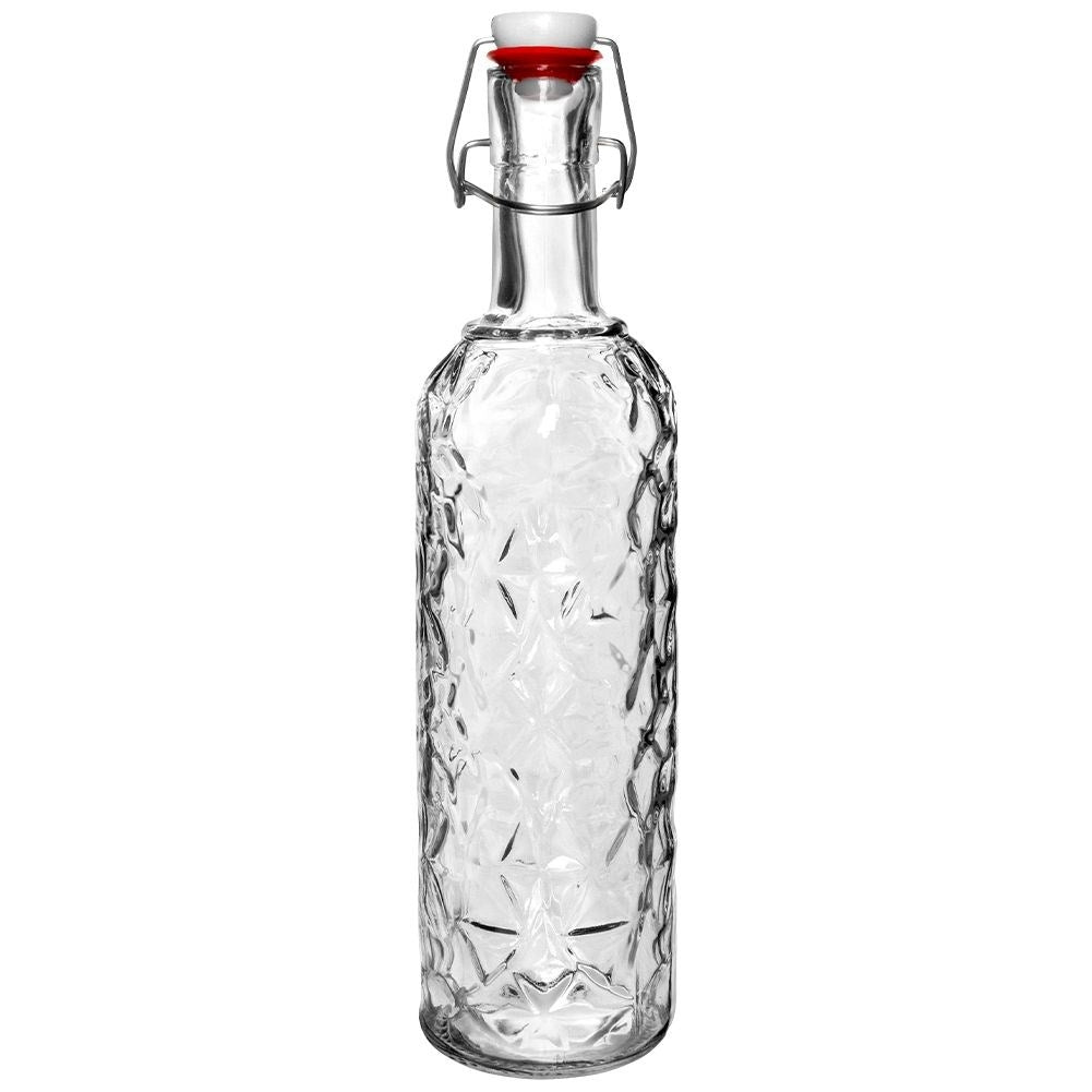 Beautiful glass bottle with cork and clamp for drinks