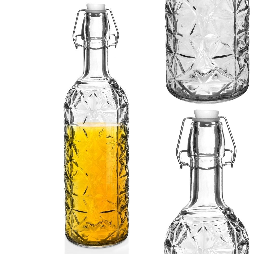 Beautiful glass bottle with cork and clamp for drinks