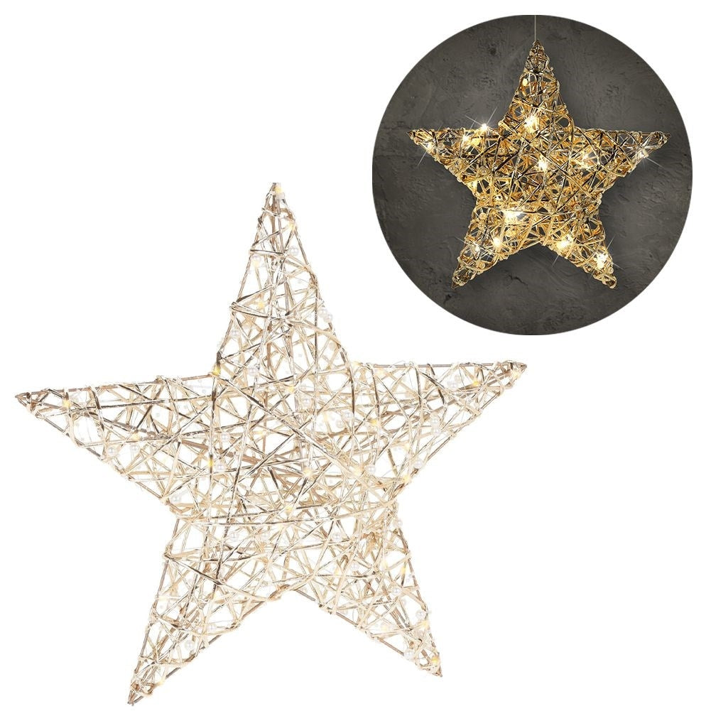 Beautiful hanging star 40 cm with 30 LED lights in gold and pearls