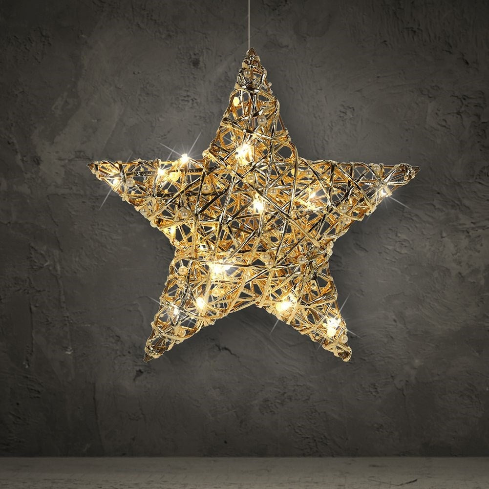 Beautiful hanging star 40 cm with 30 LED lights in gold and pearls