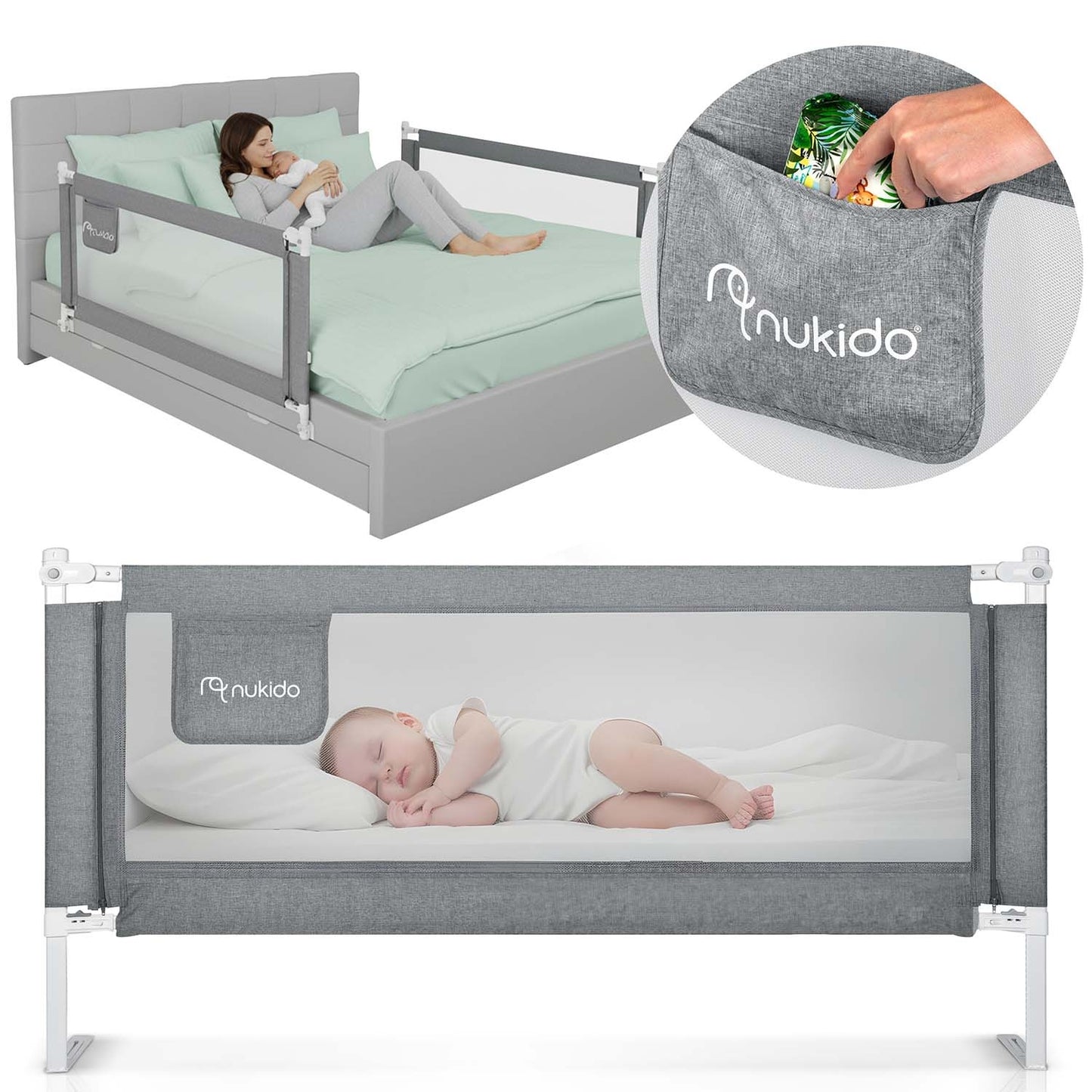 Bed Rail Guard with Safety Lock, 160 cm, Grey