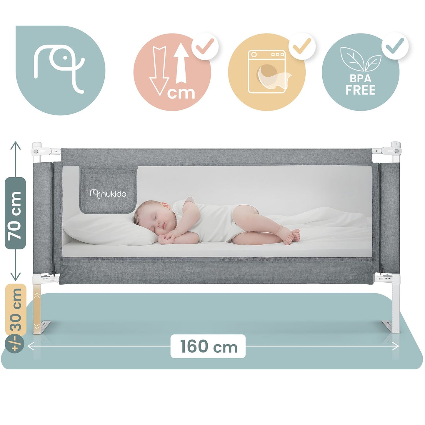 Bed Rail Guard with Safety Lock, 160 cm, Grey