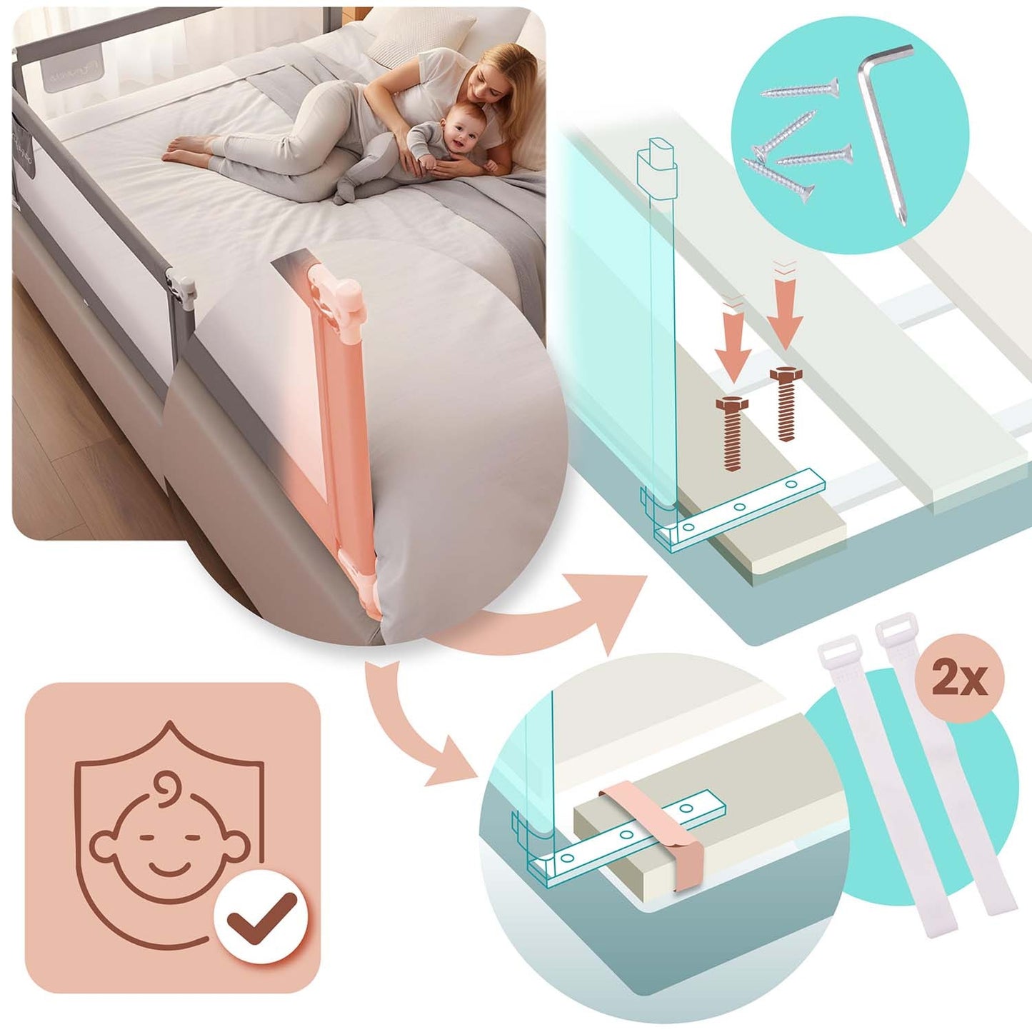 Bed Rail Guard with Safety Lock, 160 cm, Grey