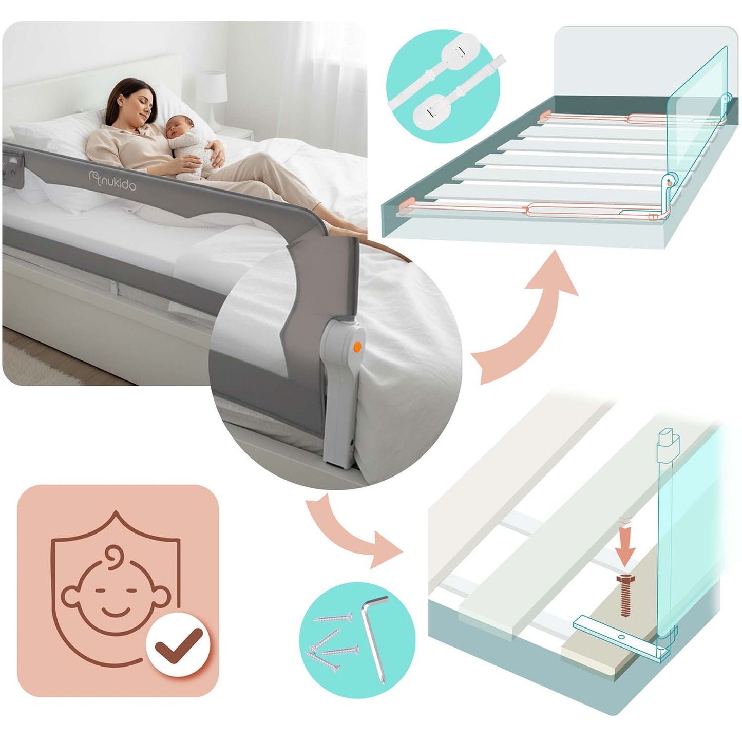 Bed Safety Rail Guard, 200 cm, Gray, Easy Install