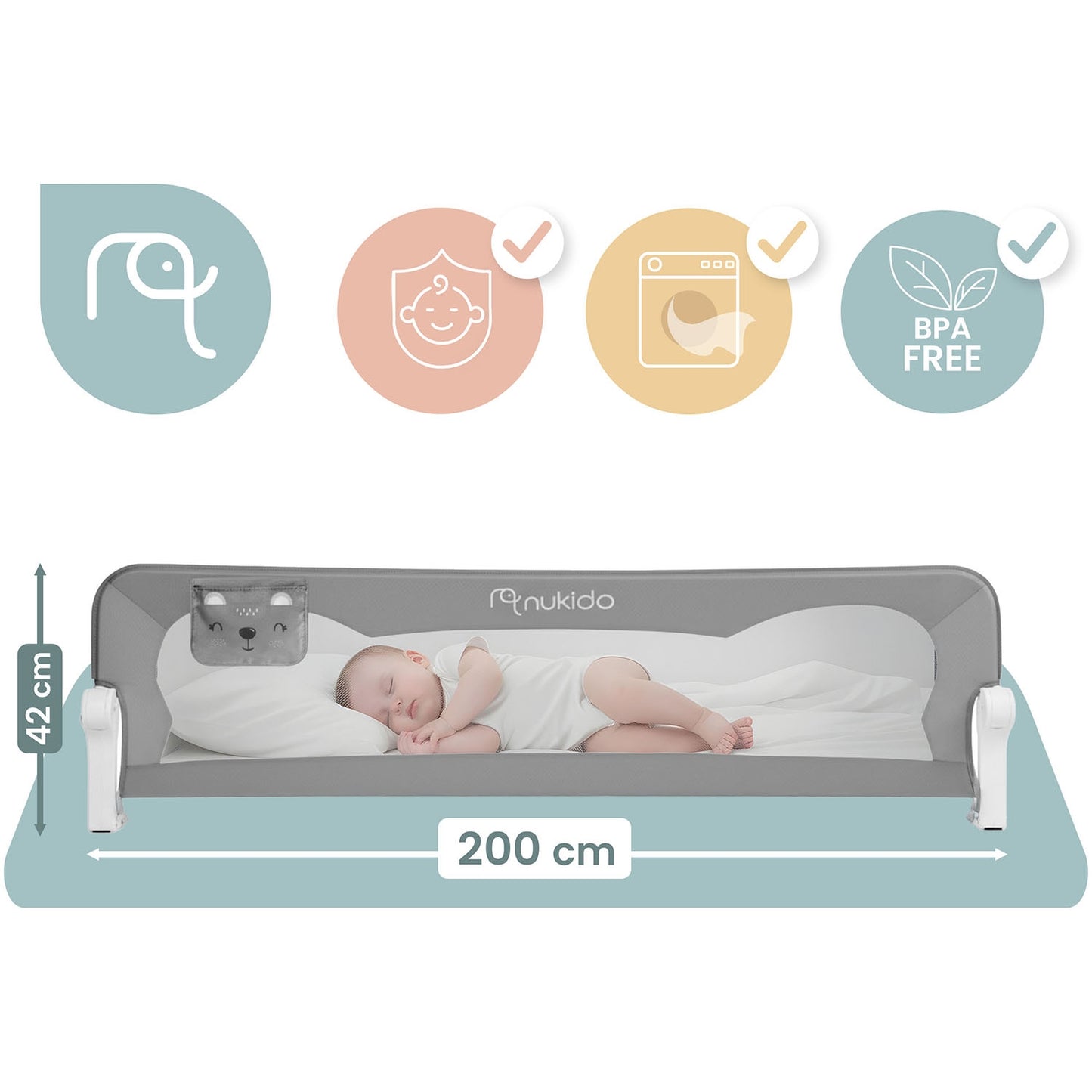 Bed Safety Rail Guard, 200 cm, Gray, Easy Install