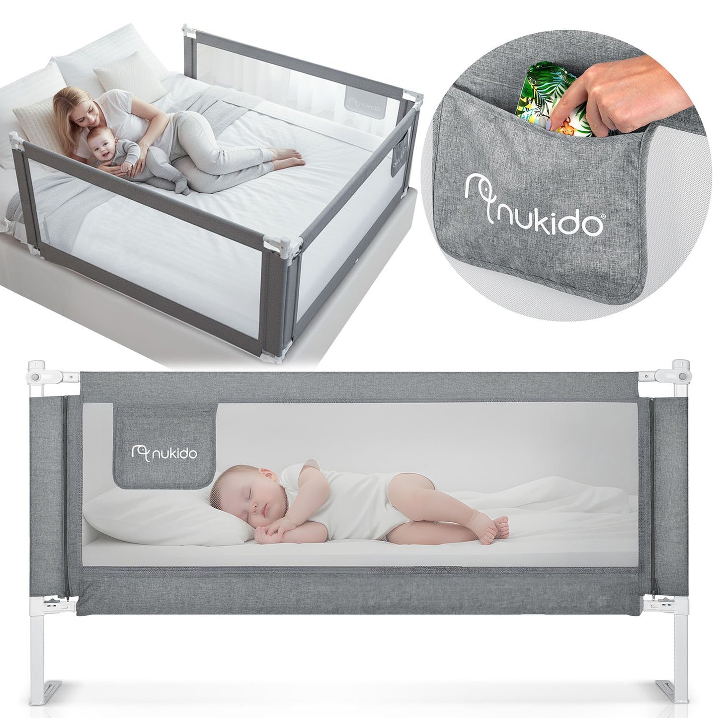 Bed Safety Rail with Locking System, 200 cm, Grey