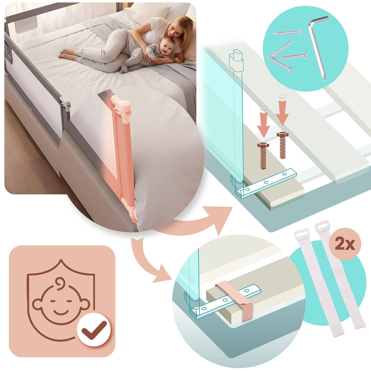 Bed Safety Rail with Locking System, 200 cm, Grey