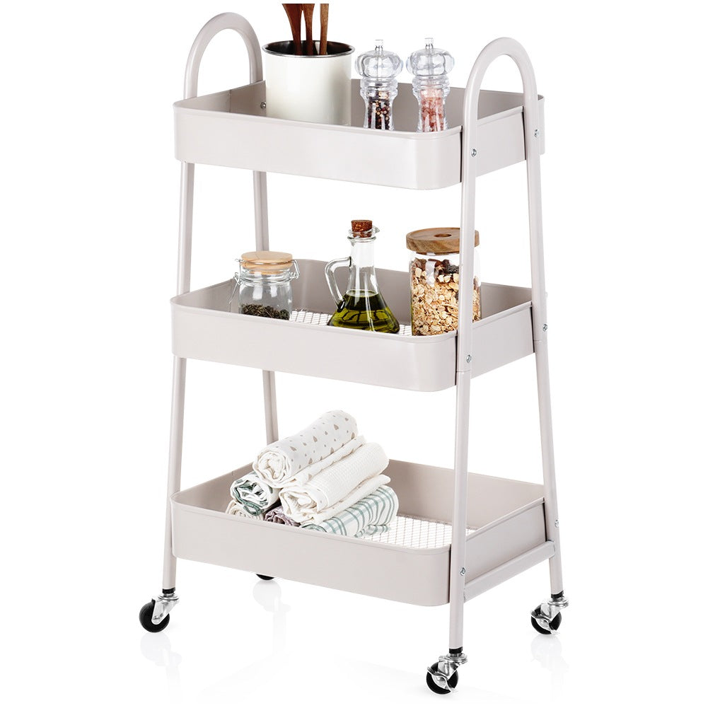 Beige metal 3-level shelf on wheels 44x31.5x78.5 cm