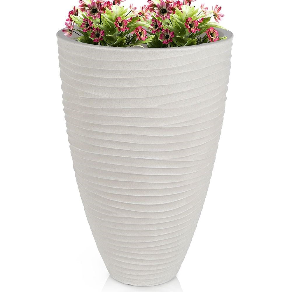 Beige plastic pot with stone imitation - weatherproof and stylish