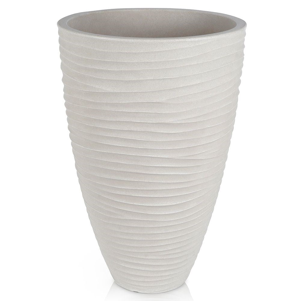 Beige plastic pot with stone imitation - weatherproof and stylish