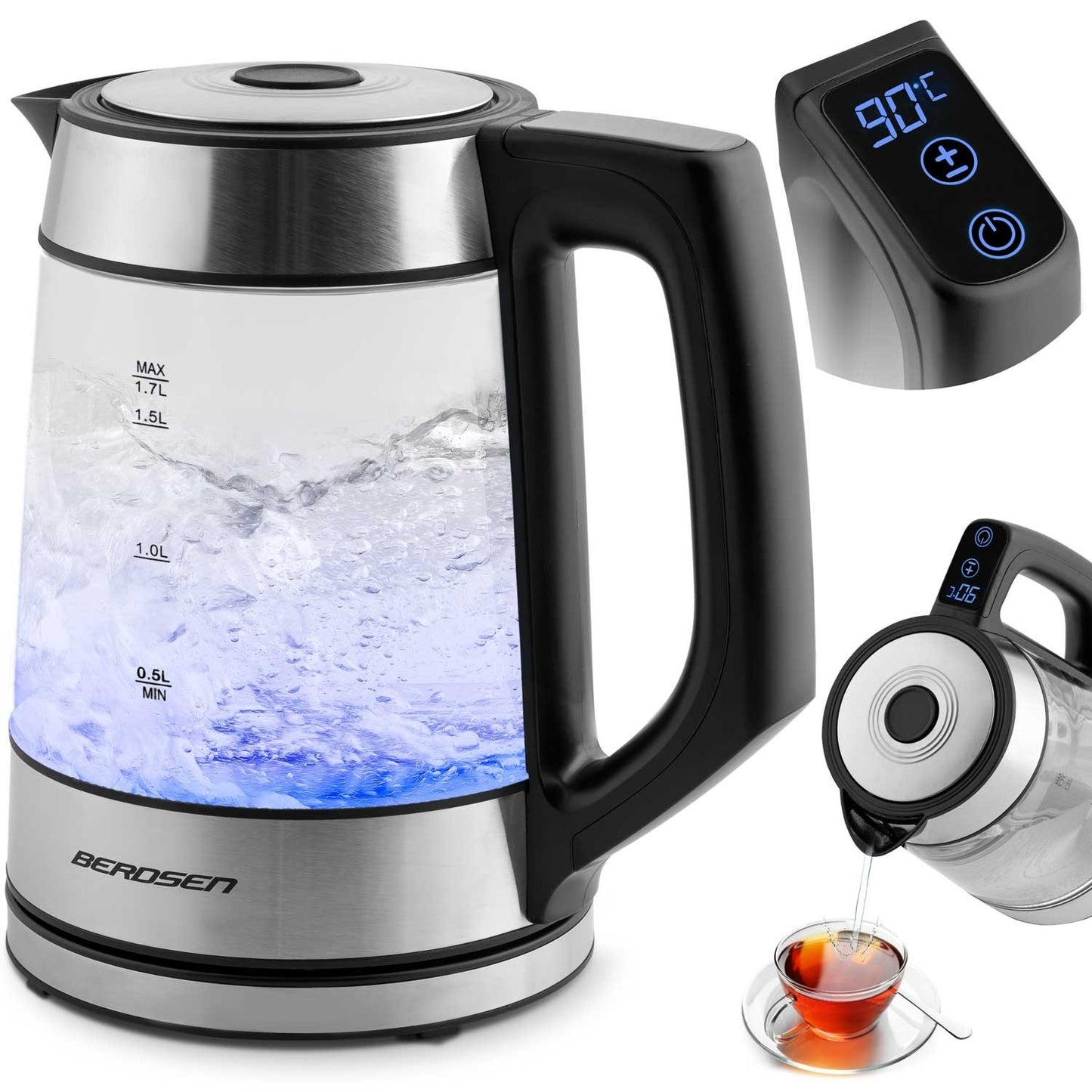 Berdsen BD-704 glass electric kettle 1.7L, black and silver