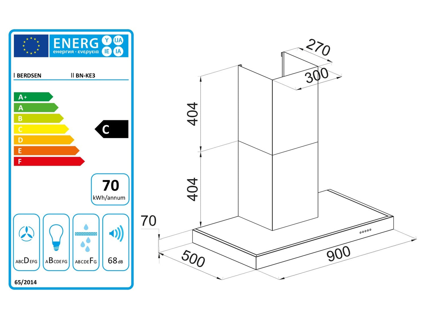 Berdsen BN-KE3 INOX chimney kitchen hood + glass