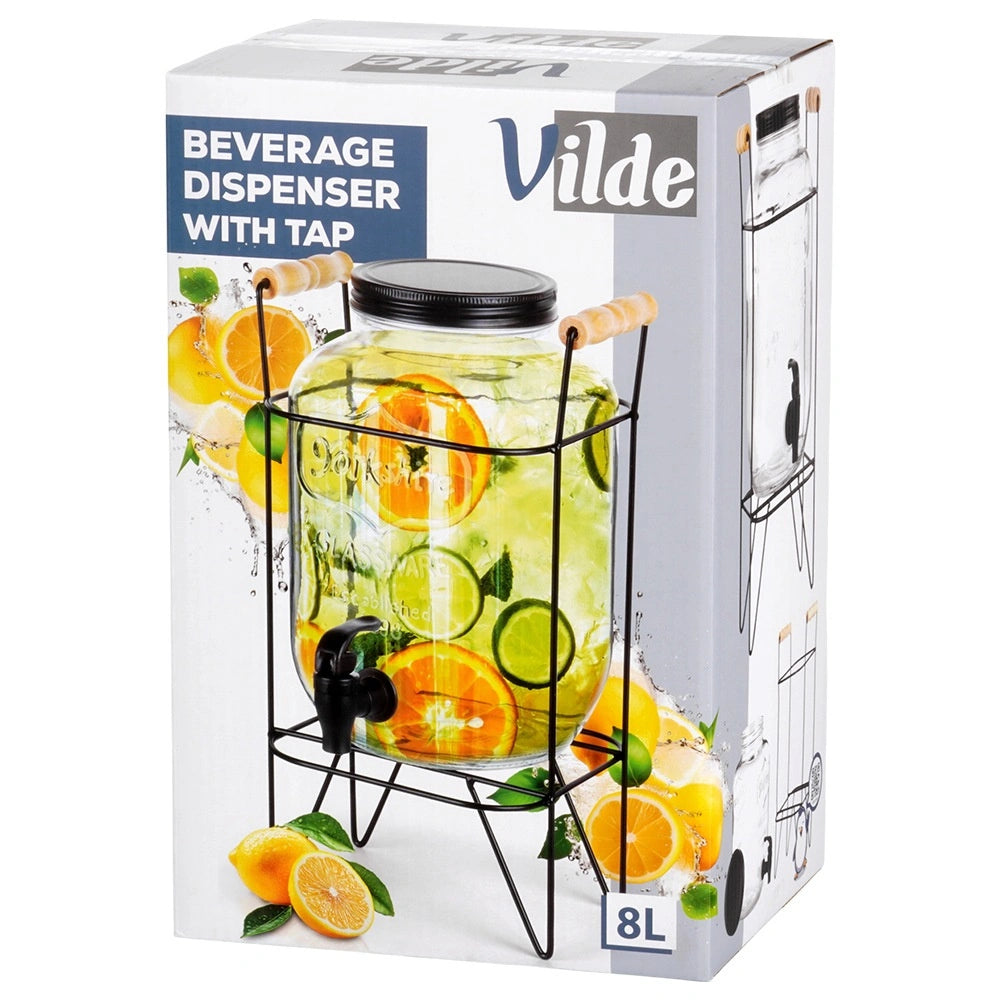 Beverage Dispenser with Spigot and Stand, 8L Glass