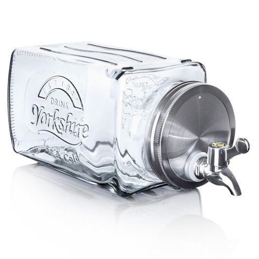 Beverage can with tap for fruit and ice, fridge-friendly