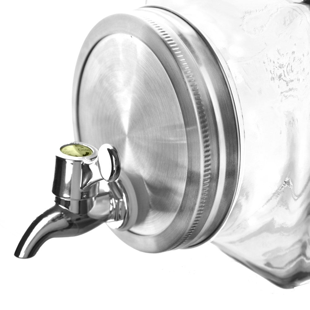 Beverage can with tap for fruit and ice, fridge-friendly
